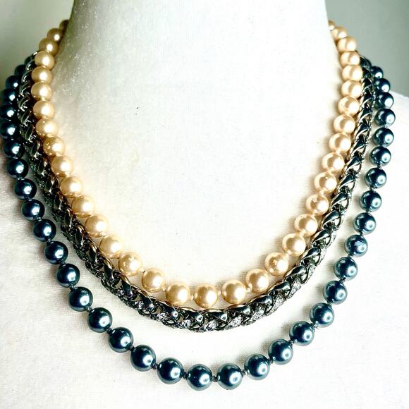 Layered Champagne Gray Tone Faux Pearls Silver Tone Braided Chain Necklace - Picture 2 of 3